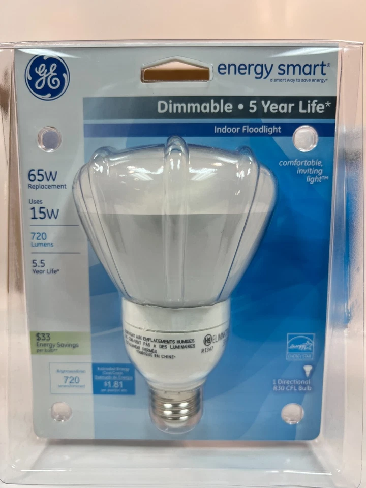 Box of 3- GE 21710 Energy Smart CFL 15W 720-Lumen R30 Dimmable Floodlight Bulb - Image 2 of 3