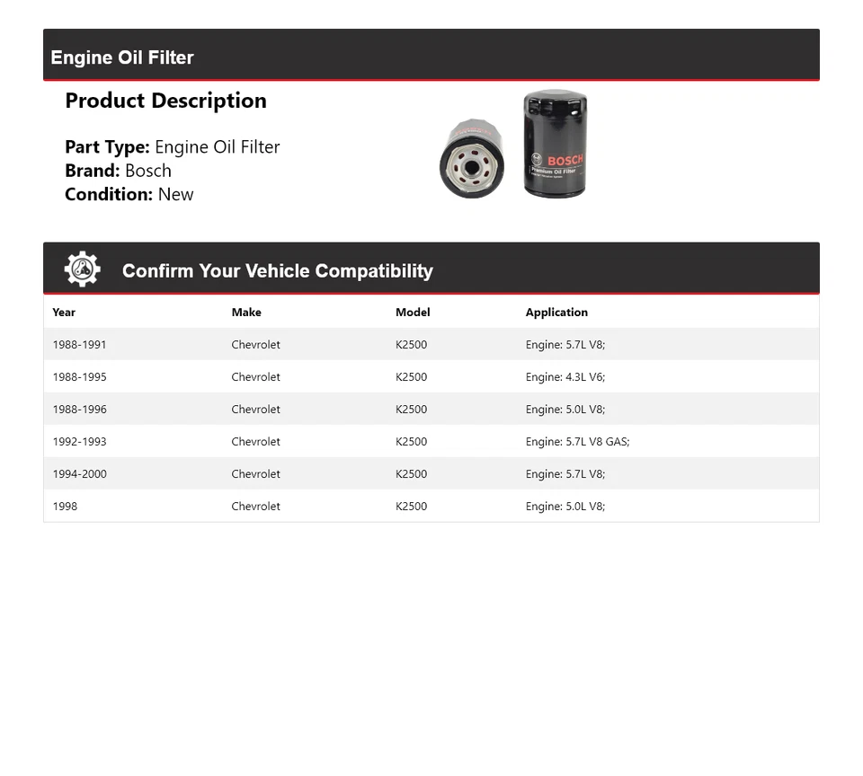 Filtro de óleo premium 1989 1990 1991 1992 1993 Chevrolet K2500 Bosch 1988-2000 - Imagem 2 de 3