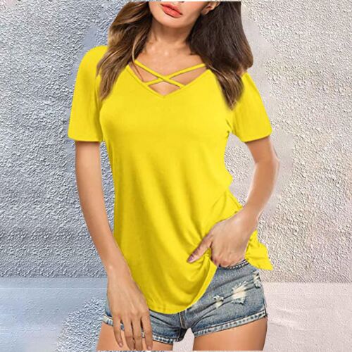Women Summer Tops V Neck Criss Cross Short Sleeve Basic Plain Tee T-Shirt Blouse - Picture 73 of 75