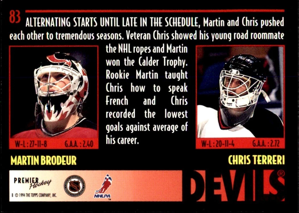 1994-95 Topps Premier #83 Martin Brodeur Chris Terreri DUO NEW JERSEY DEVILS - Image 2 of 2