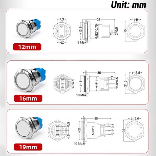 16mm Metal Druckschalter Tastend Rastend LED Beleuchtung Drucktaster Wasserdicht - Bild 6 von 7