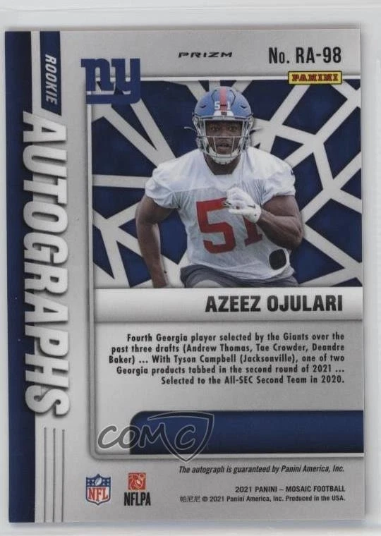 2021 Panini Mosaic Rookie Choice Fusion Red & Yellow Prizm Azeez Ojulari Auto RC - Image 2 of 2