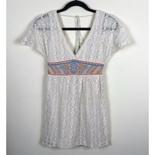Flying Tomato Women's Small Crocheted Embroidered Aztec Design Boho Tunic Dress