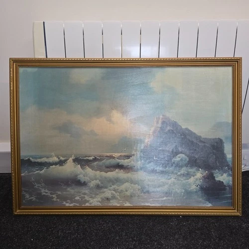 Large Vintage Seascape Oil Painting Crashing Waves Sea Arch Framed Coastal Art