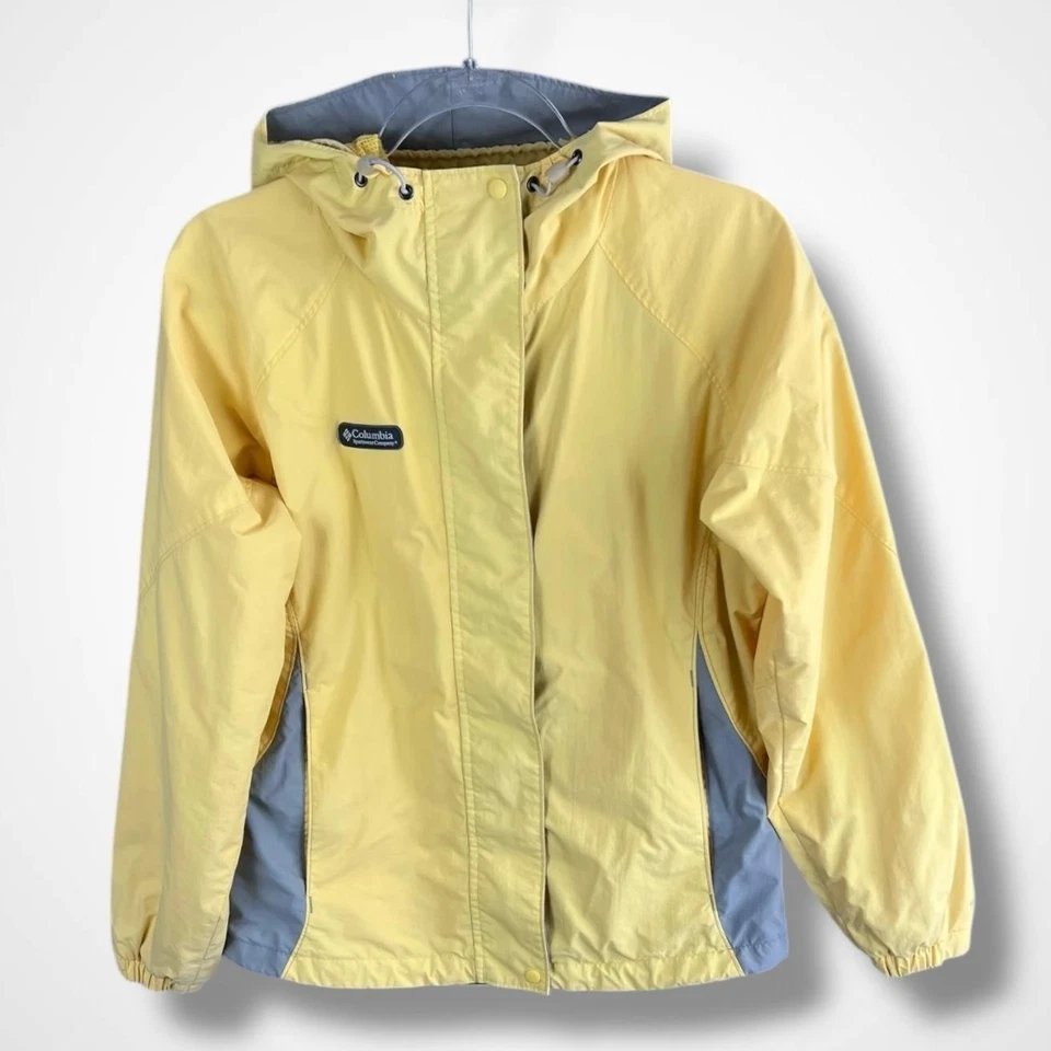 Chaqueta de lluvia Columbia para mujer mediana amarilla gris empaquetable con capucha impermeable Foto 2 de 4