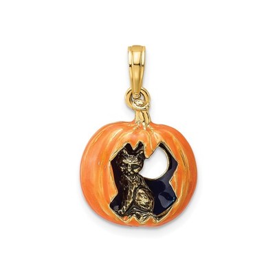 14k Yellow Gold Halloween Pendant Black Cat Pumpkin Orange Enamel Moon Charm