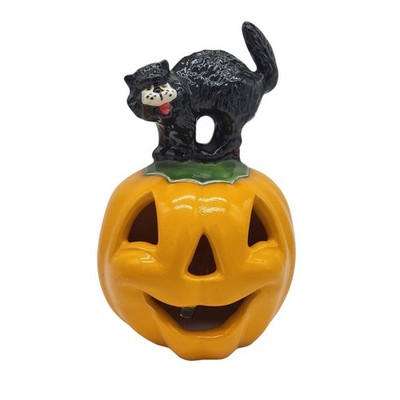 Hilltop Ceramics Pumpkin Jack-O-Lantern Black Cat Votive Tea Candle Halloween 