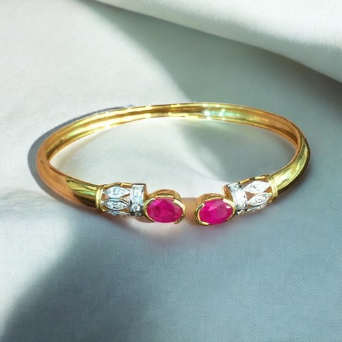 Classy 2.70 Cts Round Brilliant Cut Diamonds Ruby Cuff Bracelet 14K Yellow Gold - Picture 6 of 8