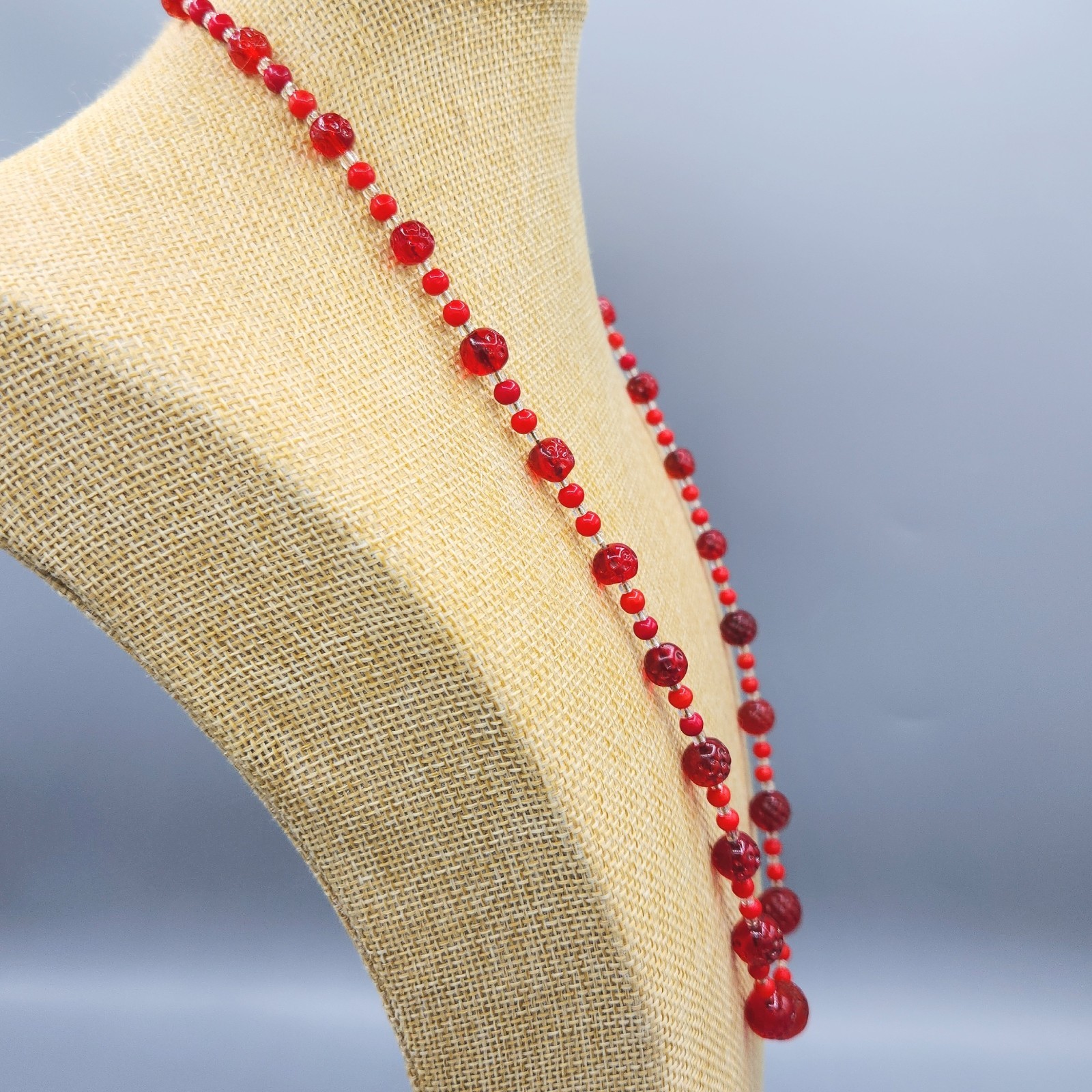 Art Deco Red Pressed Dimpled Translucent Opaque G… - image 4