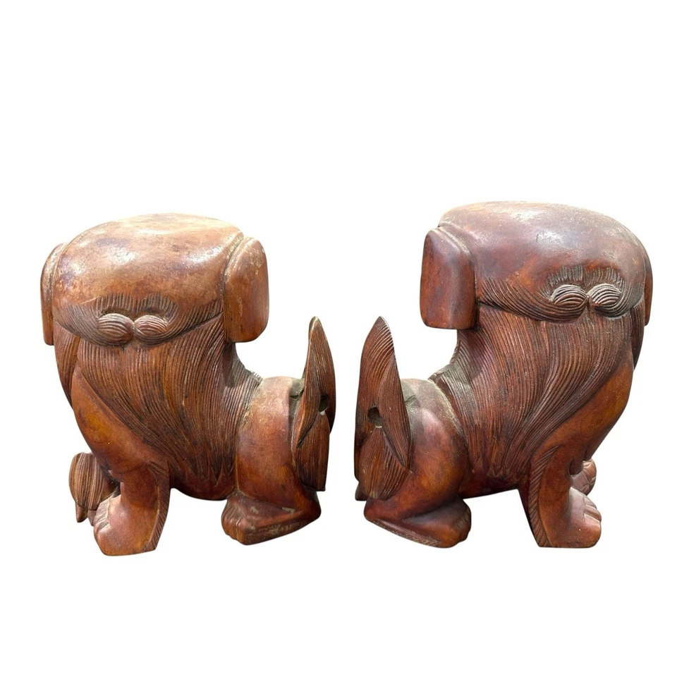 "Par de perros FOO chinos de hierro macho con bola y hembra con cachorro antiguo de 6"" de alto" Foto 3 de 4