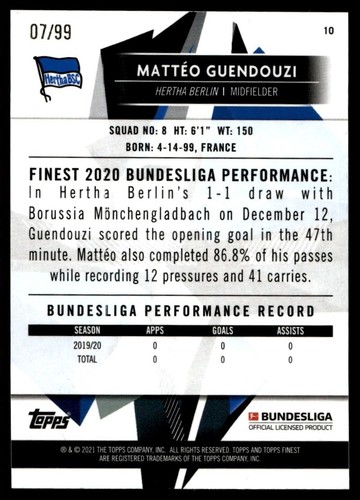 2020 Finest Bundesliga Mattéo Guendouzi 07/99 Hertha BSC Berlin #10 - Picture 2 of 2
