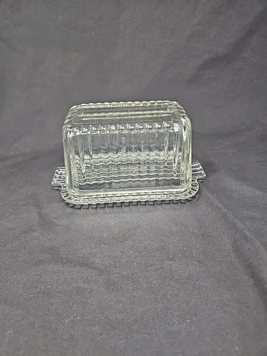 Vintage One Pound Butter Dish with Lid Ribbed Glass