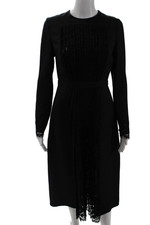 Valentino Women Sheath Dress Black Long Sleeve Crew Neck Wool Silk Size 8
