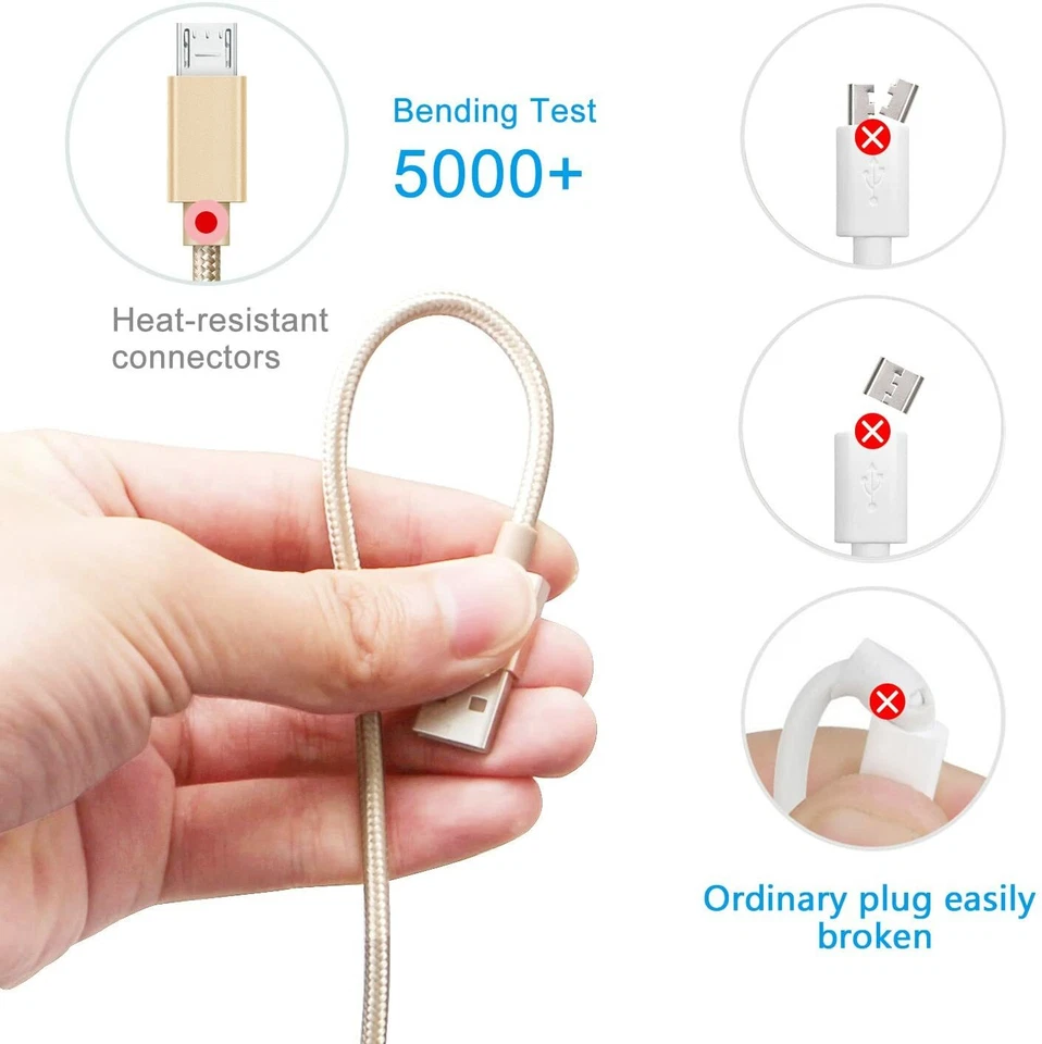 3X Heavy Duty Micro USB Fast Charger Data Cable Cord For Samsung Android LG Gold - Image 3 of 4