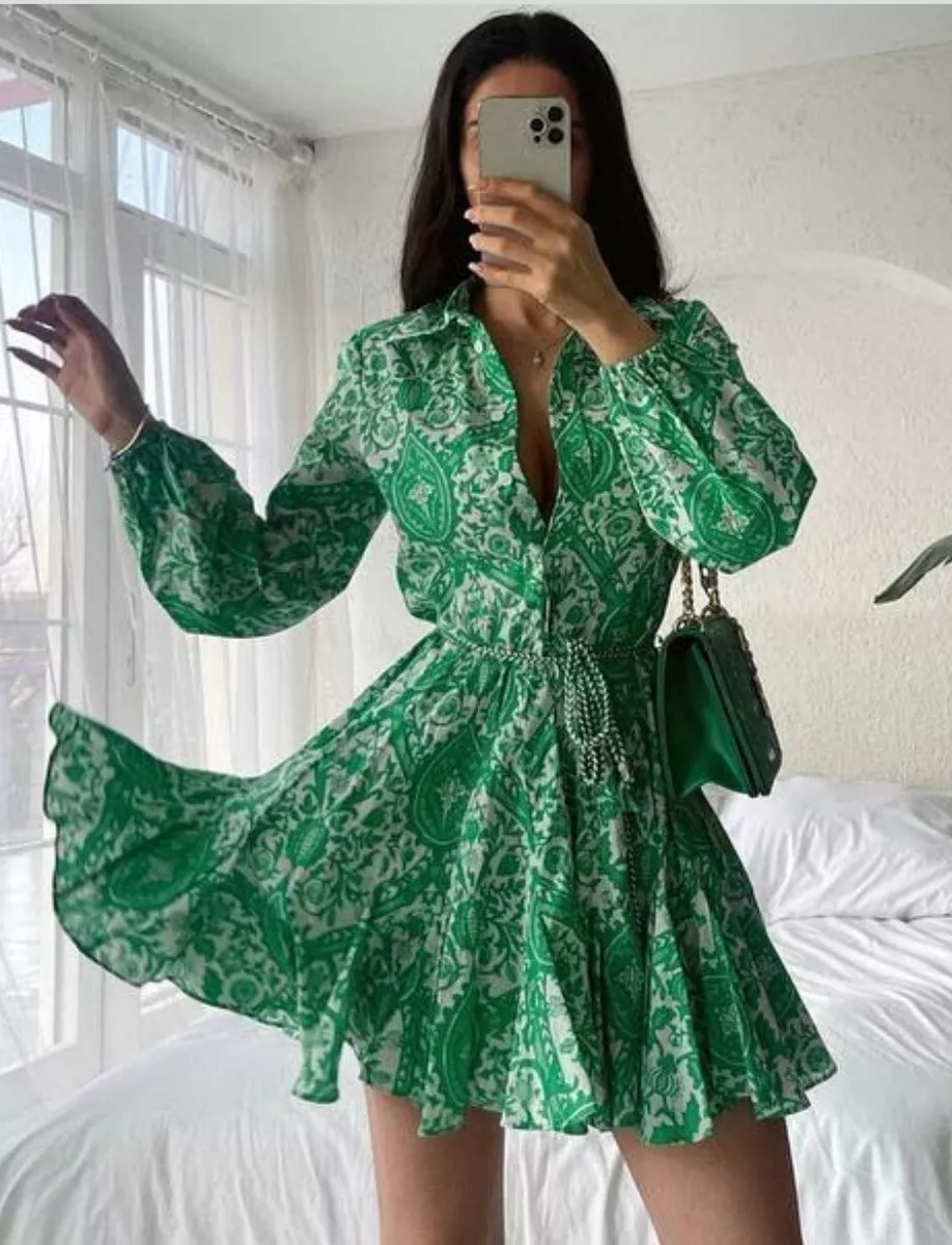 ZARA GREEN PAISLEY FLORAL PRINT MINI SHIRT DRESS VOLUMINOUS SKATER RUFFLED  HEM