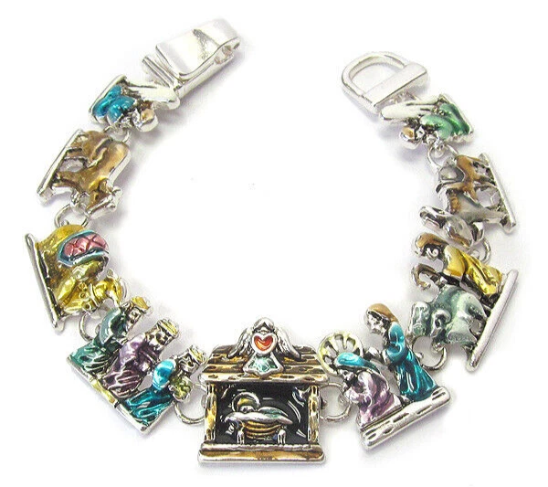 Nativity Story Charm Chain Bracelet Magnetic Clasp Size 7 White Gold Foto 2 de 4