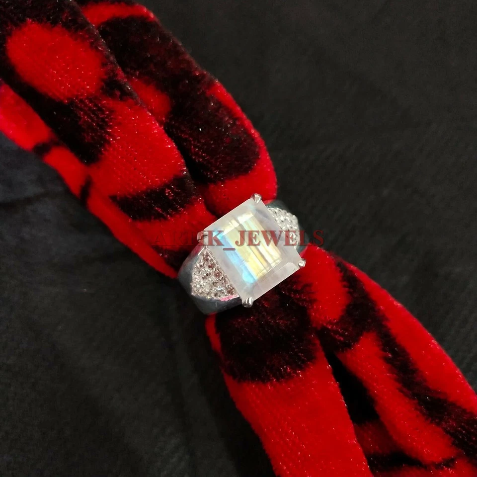 Naturale Pietra Lunare Arcobaleno Con 925 Anello Argento Sterling per Uomo #2852 - Immagine 4 di 4