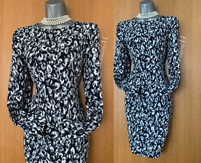 KAREN MILLEN UK 10 Verwischter Leoparden Satin Bleistiftkleid Langarm EU 38
