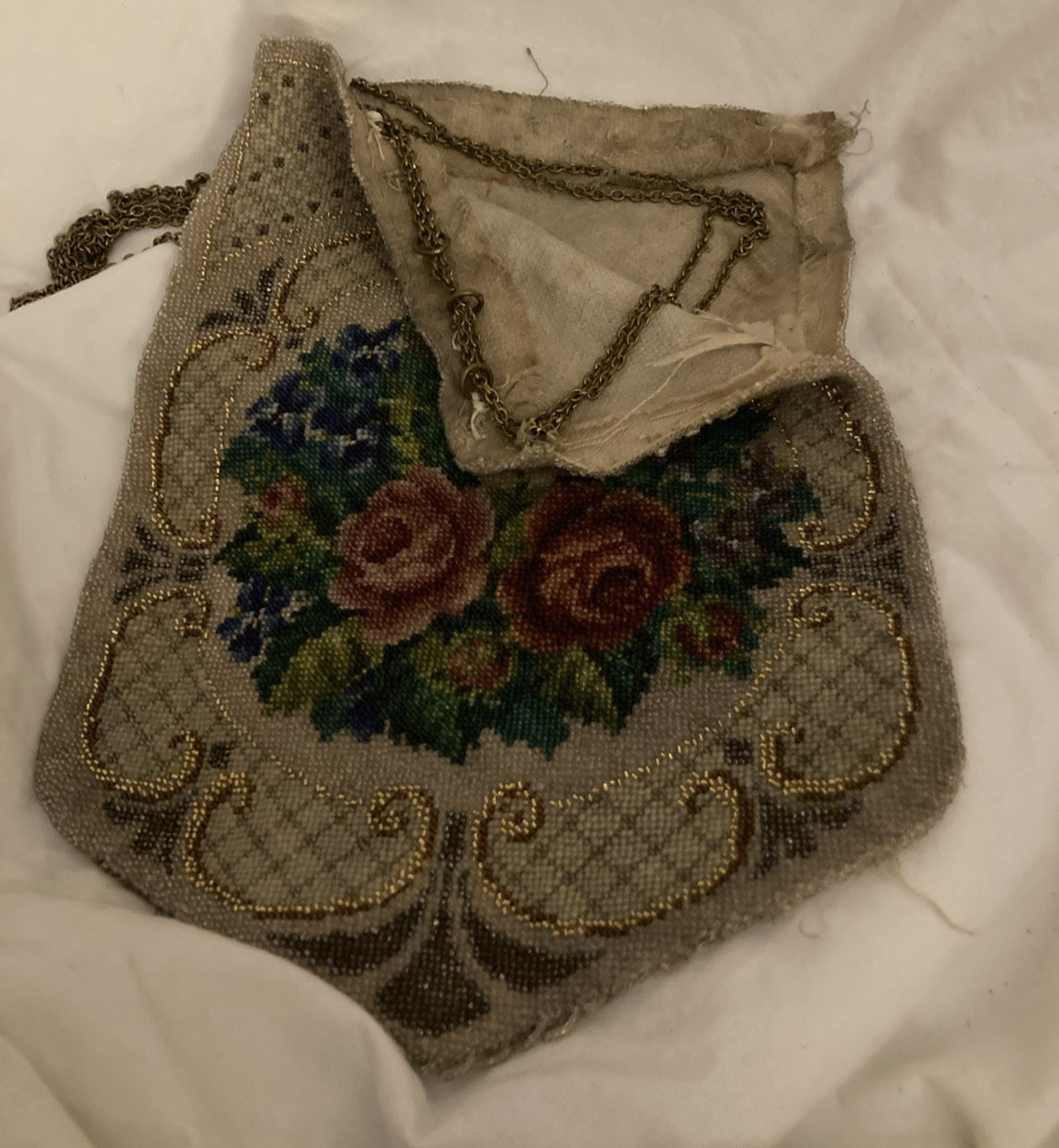 Antique 1920s Vintage Beaded Colourful Floral Evening Bag, Chain Handle, TLC 4