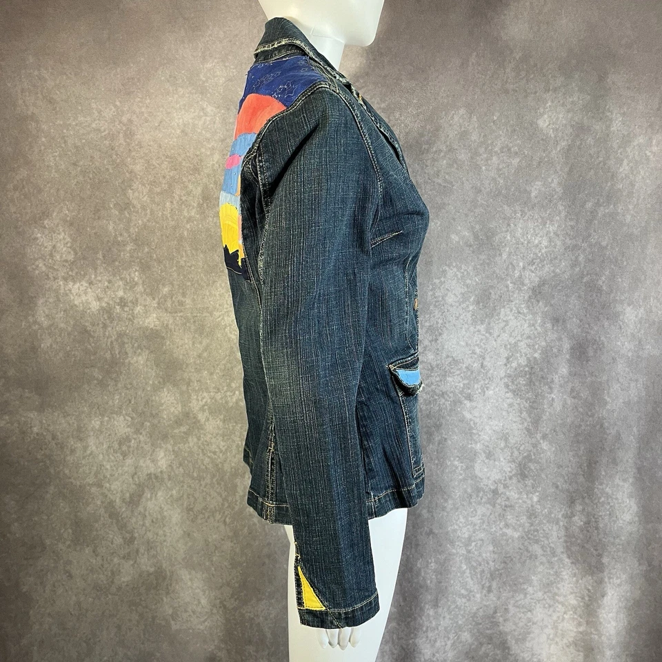 Chaqueta Jean Mujer Mediana Azul Puesta de Sol Retrato Ajustada Manga Larga Denim Abotonada Foto 3 de 4
