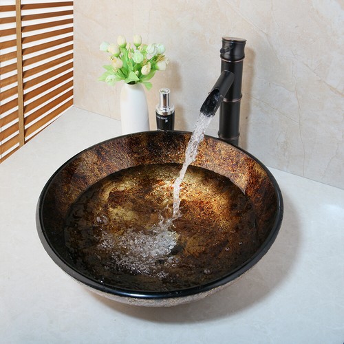 Bathroom Tempered Glass Vessel Sink Round Bowl Waterfall Spout Mixer Faucet Tap - Picture 5 of 12