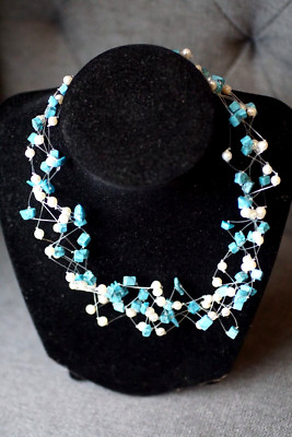 AAA Cultured Pearl/Turquoise 6 Strand 17'' Invisible Necklace 925 Sterling NWOT