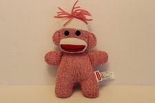 Schylling Sock Monkey Toy Plush Pink 7" Stuffed Animal Soft Yarn Hair
