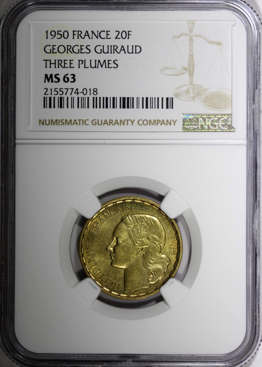 France 1950 20 Francs NGC MS63 GEORGES GUIRAUD 3 plumes HIGH GRADE