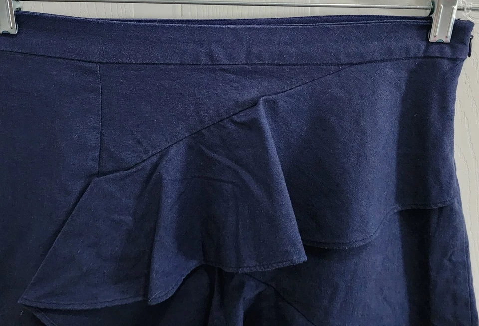 Falda delantera con volantes de lino Lux para mujer mezcla de lino azul liso talla mediana Foto 2 de 4