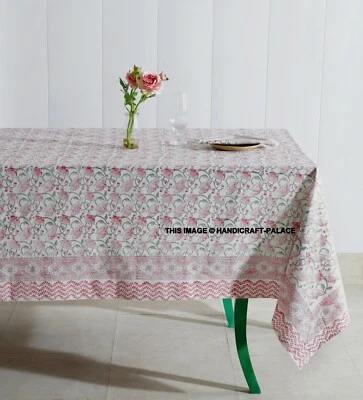 Floral Bloc Coton Imprimé Nappe Rectangle Blanc Rose 4,6, 8,10, 12 Place Set - Photo 1/4