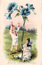 Antique Christmas Card Children Morning Glory Blue Flowers Fantasy Postcard D25