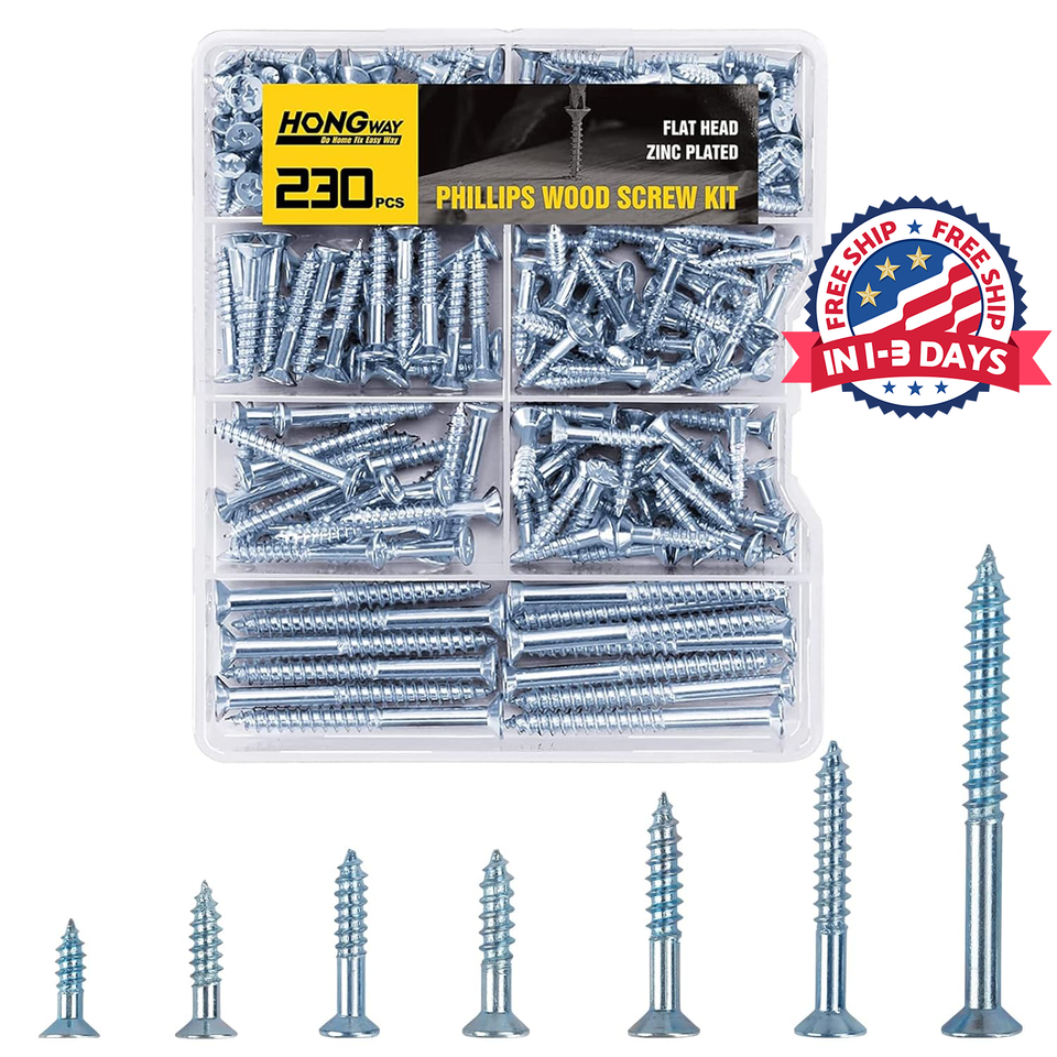 230pcs Wood Screws Assortment Kit, Flat Head Wood Screws Set, Zinc