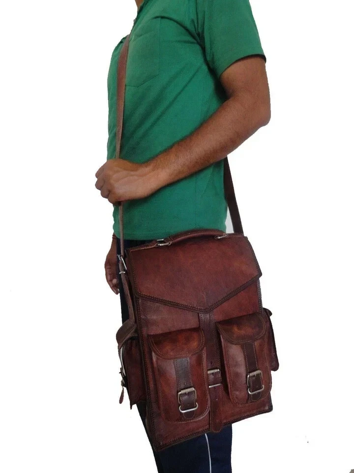 Borsa Uomo In Pelle Vintage Marrone, Zaino E Messenger 2 In 1, Artigianale India Con Porta Laptop