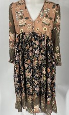 Zara Boho Floral Midi Dress Sheer Long Sleeve Fall Patchwork Empire Waist Sz Med