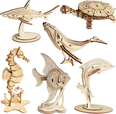 3D Wooden Sea Animal Puzzle - 6 Piece Set Wood Sea Animals Skeleton Assembly Mod