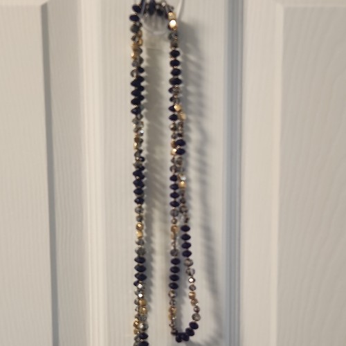 Blue Gold Silver Tone Beaded Necklace Ball/Bead Chain Blue Round Beads