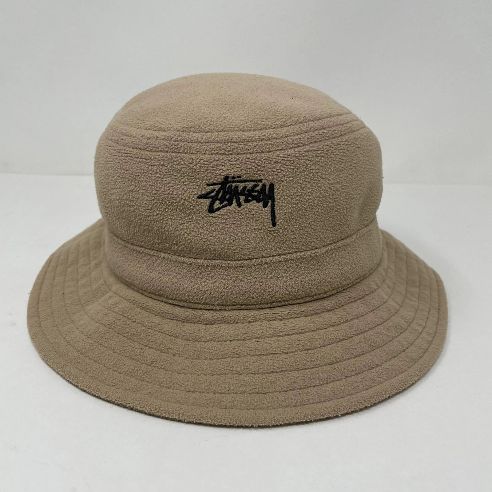 Stussy Hat Bucket Fitted Mens Medium Beige Fleece Velour Embroidered Logo Lined
