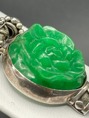 Vintage Sterling Silver Carved Green Jade Rose Pendant   Marked  SS 925 , 1.87 