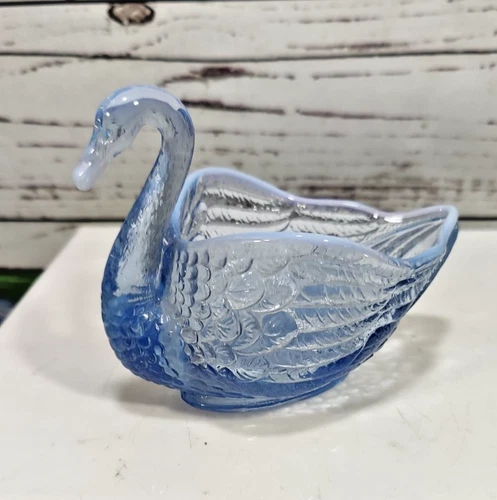 Vintage MCM Fenton Blue Opalescent Glass Swan Trinket Dish