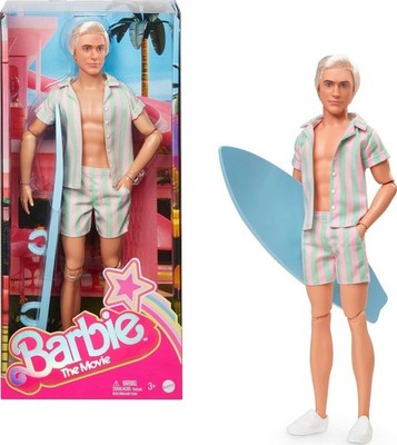 Barbie The Movie Ken Doll Wearing Pastel Pink and Green Striped Beach Matching S