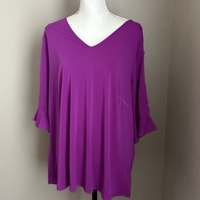 Adrianna Papell Tunic Top V Neck Cage Lace Up Bell Sleeves Blouse 2X Purple