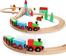 Wooden Train Set for Toddler with Double-Side Train Tracks Fits Brio, Thomas, Me