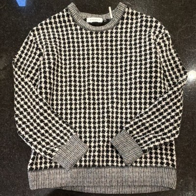 Sandro Houndstooth Knit Wool Pullover Sweater Crew Neck Black White Gray T9499H