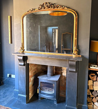 Antique Arched Gold Framed Overmantle Mirror Ornate Crest Scroll 140cm