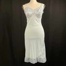 Vintage Sears Light Blue Full Slip Size 32 Small Floral Lace Nylon Lingerie