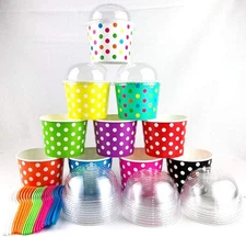 16oz Paper Ice Cream Cups with Lids and Spoons, Polka Dot Mix 25 Set