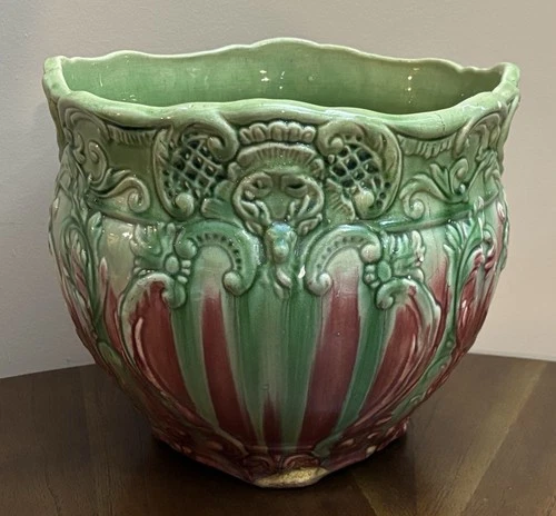 Rare Vintage Weller Jardiniere Planter STAG DEER Green Red AS IS CRACKS No Leak