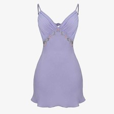 House of CB Embroidered Floral Plunge Satin Tie-Back Mini Dress L - Lavender