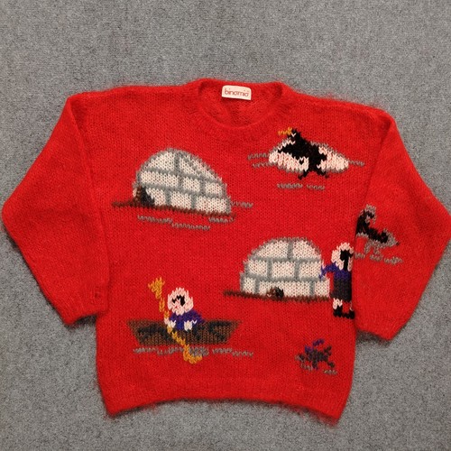 Vintage embroidered women's knit kid mohair polar eskimo scenario red sweater - Image 1