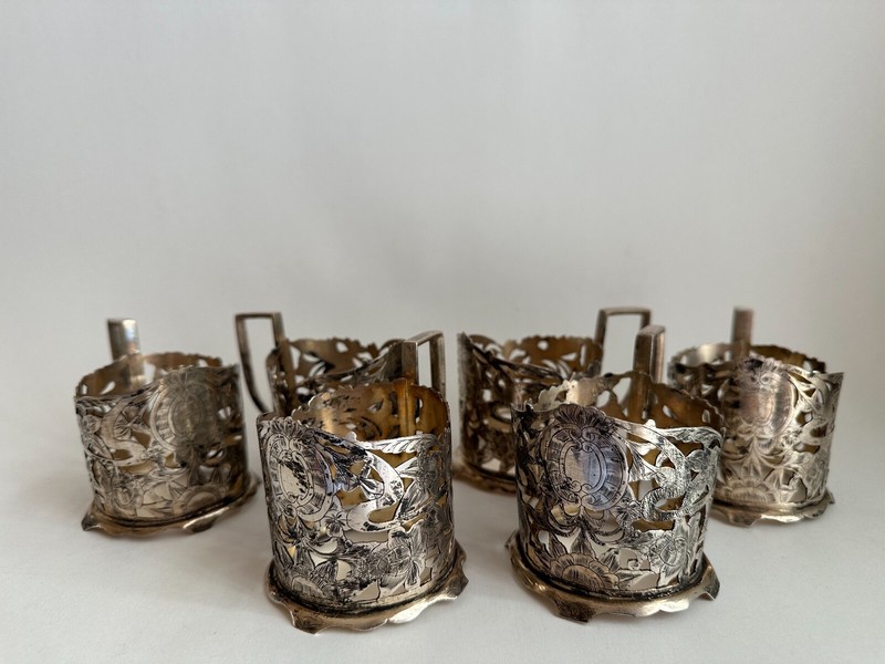 Rare Antique Set of 6 Persian Solid Silver 84 Cups Holders, Signed 632gr